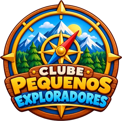 Brasão do Clube Pequenos Exploradores: bússola, montanhas e floresta numa moldura de madeira.