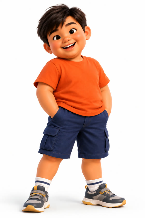 Lucas, menino de cabelo preto, camiseta laranja e bermuda azul-marinho.