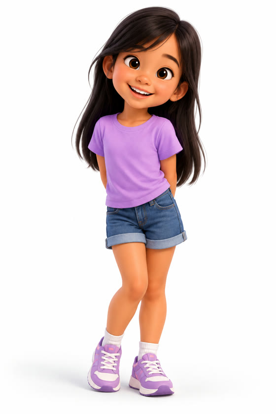 Sofia, menina de cabelo preto liso e comprido, camiseta lilás e short jeans.